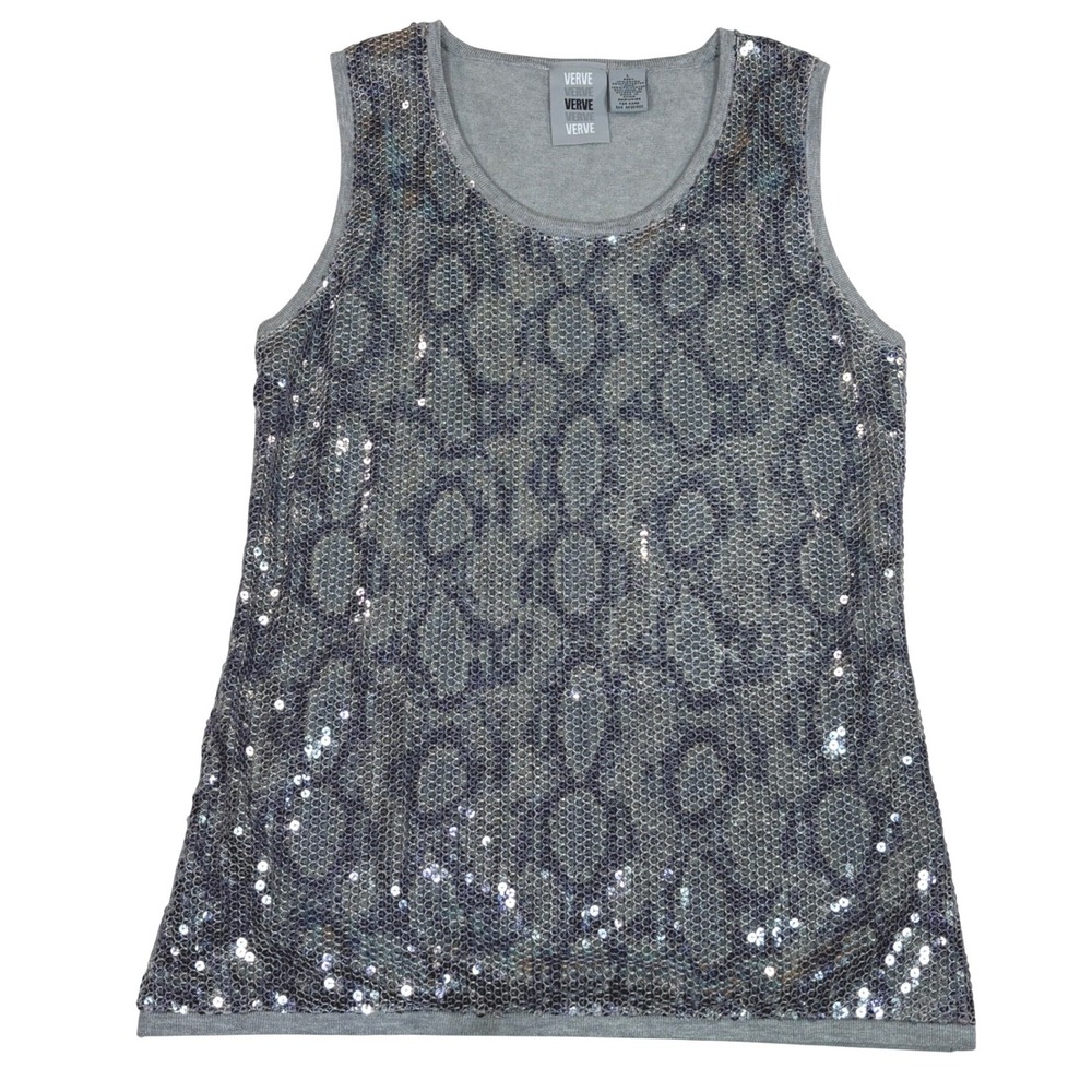 Verve Womens Large Grey Sequin Front Sleeveless Knit Tank Top Silver Abstract L